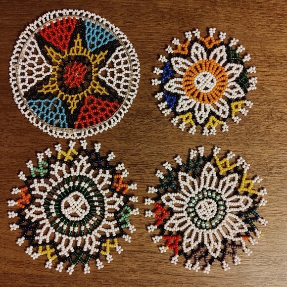 VINTAGE HAND BEADED COASTER LOT OF 4 Mismatched Set Beaded Circles Sew On - Picture 1 of 6